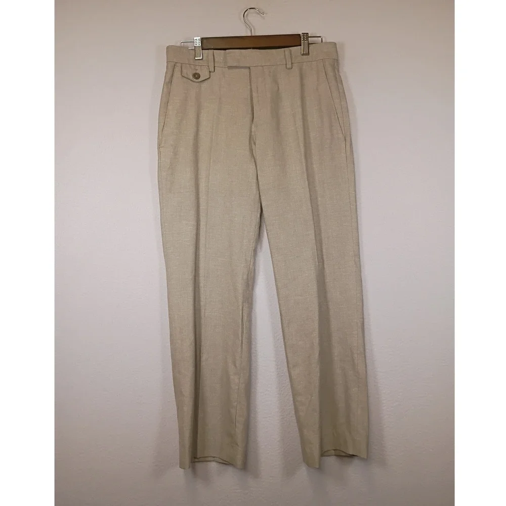 Coastal Old Money Kenneth Cole Reaction Mens 30x30 Beige Linen Blend Trousers